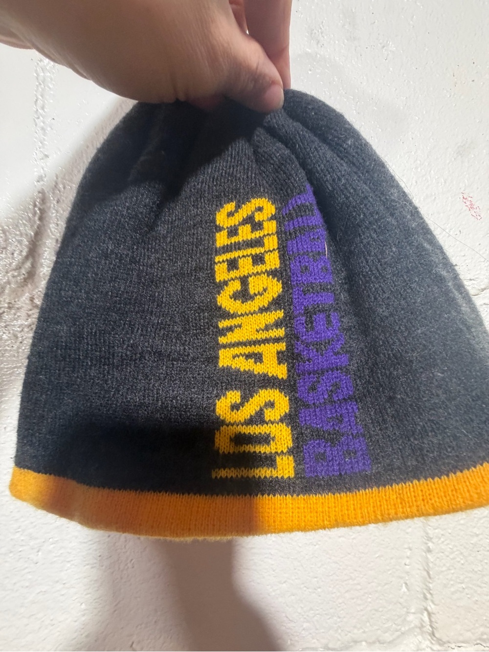 adidas Gray Beanie with Yellow & Purple Los Angeles Basketball Text